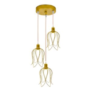 Pendente Triplo Lustre Luminária Aramado Tulipa Cabo Cristal 1 Metro - DOURADO