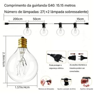 Cordão de 7m/46m Luzes à Prova d'água com Lâmpadas Incandescentes G40 de Perfeito Para Iluminação de Festas no Jardim - 15.15M/27Lâmpadas+ 2 extra