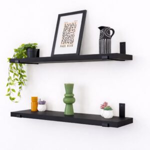 Kit 2 Prateleiras Estilo Industrial com Mão Francesa Invertida Prateleira de Madeira - Madeira Preta, Suporte Preto