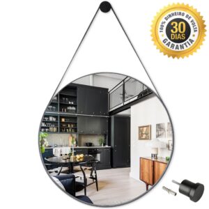 Espelho Redondo Decorativo Suspenso Alça 60cm + Pino Suporte para Banheiro Sala Quarto
