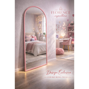 Espelho Verona Oval Base Reta Corpo Inteiro Com Moldura em Couro Premium 120x50 Sala Quarto - Rosa