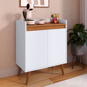 *Aparador Buffet Cantinho Café Sala Jantar Cozinha 4 Portas Puxador Embutido Prateleira Interna K7 - Lívia 2 Branco Com Freijó