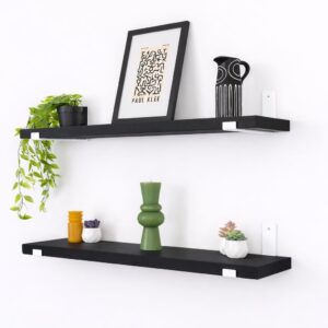 Kit 2 Prateleiras Estilo Industrial com Mão Francesa Invertida Prateleira de Madeira - Madeira Preta, Suporte Branco