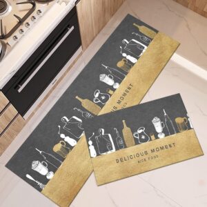 Kit Tapete Jogo Passadeira Cozinha Belga Antiderrapante 2 Pç Promoção - Garrafas com Dourado