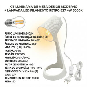 Kit Abajur Luminária De Mesa Luma + Lâmpada Led Retrô 4w 3000k Bivolt