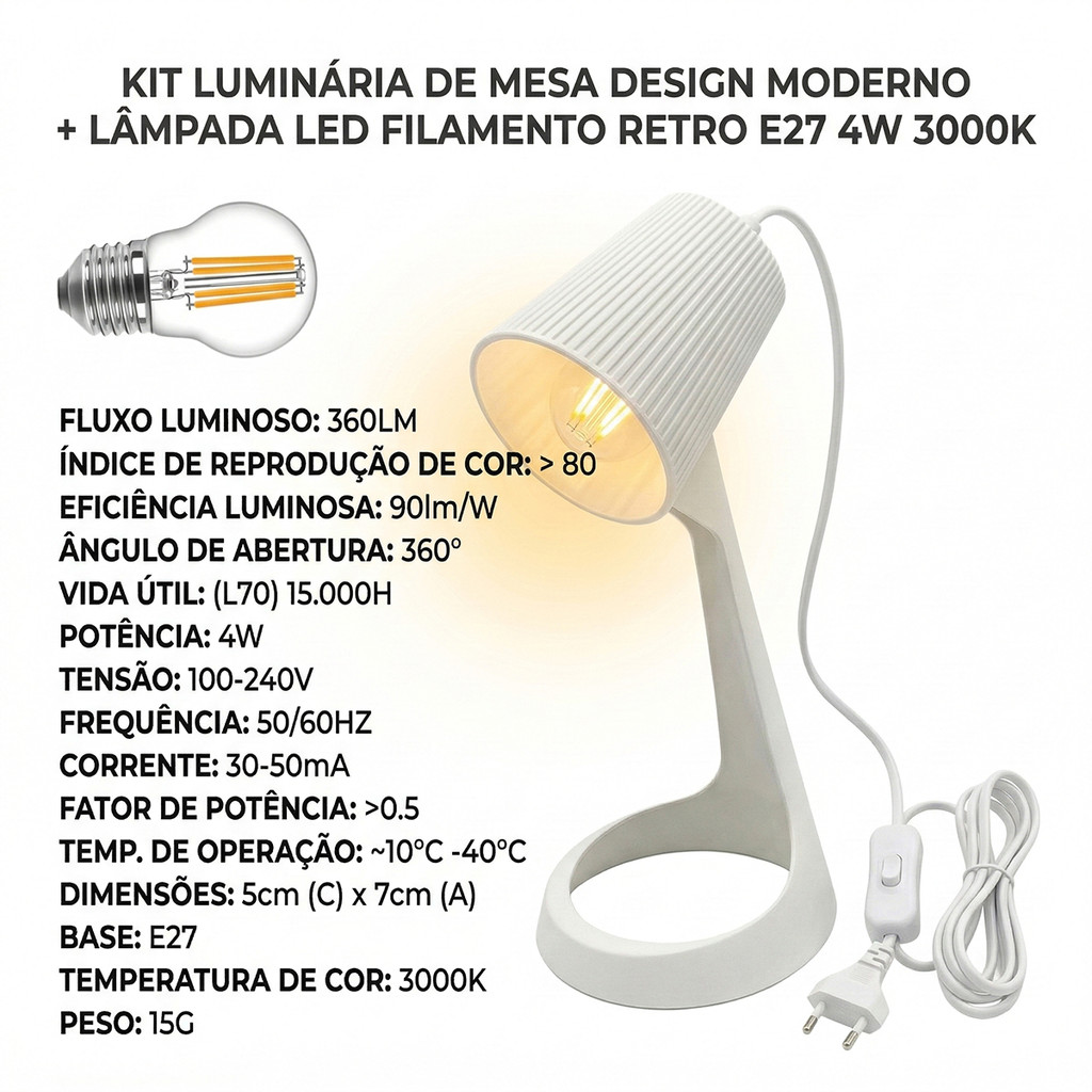 Kit Abajur Luminária De Mesa Luma + Lâmpada Led Retrô 4w 3000k Bivolt