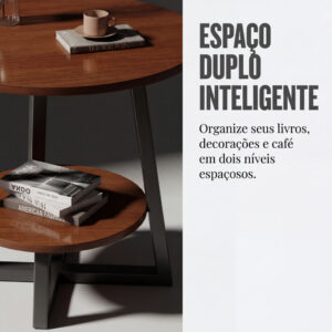 Mesa de Centro Redonda Simples em Madeira Maciça na Cor Nogueira, com 2 Prateleiras (Mesa Auxiliar Decorativa para Sala)