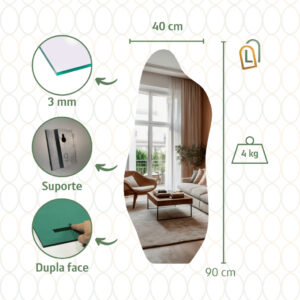 Espelho Lopazzi GRANDE ORGÂNICO RETANGULAR VIDRO DECORAÇÃO PARA SALA QUARTO BANHEIRO SUPORTE OU DUPLA FACE - Magnus 90x40