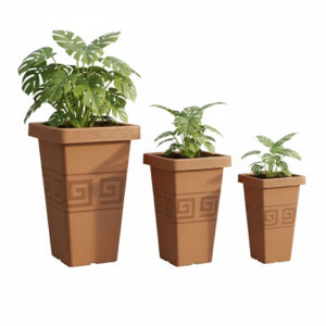 Kit 3 Vasos Plástico Reforçado Coluna Grego Quadrado P M G Para Plantas Decoração Jardim Varanda - Terracota