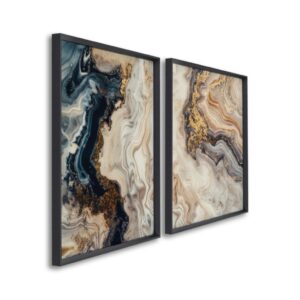 Quadro Abstrato Mármore Azul e Dourado 2 Telas (Díptico) | Decoração Luxo Sala - Preto Sem vidro 60x90