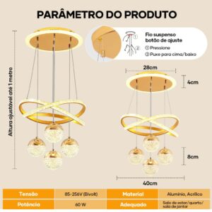 Lustre Pendente Moderno Cristal LED 3 Cores Sala Estar Jantar Quarto Luxo Luminária Teto Dourado