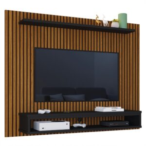 Painel Ripado TV Para Sala Com Nicho e Prateleira Espaçosa Organização Elegante Moderna e Resistente - 60" - Ripado/Preto