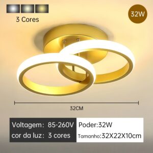 Luminária Plafon Moderno Dourado LED, Para Sala, Quarto, Hall de Entrada, Sala de Estar Bivolt 85-265V - HH250907(32x22x10CM)