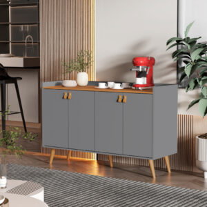 *Aparador Buffet Cantinho Café Sala Jantar Cozinha 4 Portas Puxador Embutido Prateleira Interna K7 - Luana 4 Cinza Com Freijó