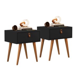 Kit 2 Mesa De Cabeceira Retrô Puxador Couro Pes Madeira - Preto/Legno