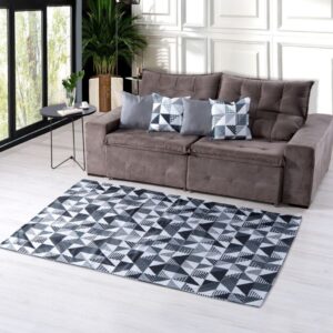 KIT TAPETE SALA QUARTO GEOMETRICO 1M X 1,40M + 04 CAPAS GORGURINHO 45CMX45CM JOGO COMPLETO - CINZA BOLINHA