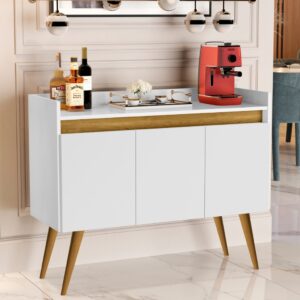 *Aparador Buffet Cantinho Café Sala Jantar Cozinha 4 Portas Puxador Embutido Prateleira Interna K7 - Luxo 3 Branco Com Madeirado