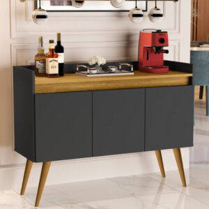 Aparador Buffet Retrô Pés Palito Em Madeira Maciça Esplanada Cantinho Do Café Recepção 2,3,4 Portas - Luxo 3 Preto Com Madeirado