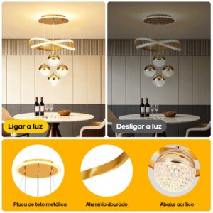 Lustre Pendente Moderno Cristal LED 3 Cores Sala Estar Jantar Quarto Luxo Luminária Teto Dourado