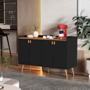 *Aparador Buffet Cantinho Café Sala Jantar Cozinha 4 Portas Puxador Embutido Prateleira Interna K7 - Luana 4 Preto Com Freijó