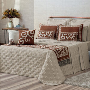 Kit Colcha Cobre Leito Completo Casal King Turin 180 Fios 10 peças Delicado Exclusivo e Sofisticado - Caqui