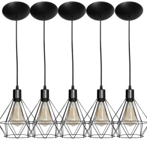 Kit 5 Lustre Pendente Luminária Diamante Aramado Teto Sala Cozinha Preto