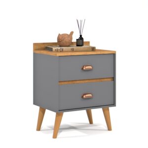 mesa de cabeceira retrô decor com 2 gavetas - MADERO - CINZA / FREIJÓ