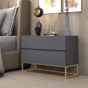 Mesa Cabeceira Eros 60cm Com Gavetas Pés Dourado Estilo Industrial - Cinza