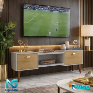 Rack Bancada Studio Leão 1.80cm Tv 75pol e 1.20 com pés Tv 50pol Home com 2 Portas - Lançamento Mirassol - RACK STUDIO 1.20 FENDI/HANOVER