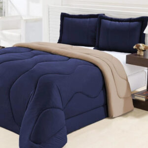 Edredom Queen Dupla Face Malha Gel 3 Peças - Azul Marinho com Avelã