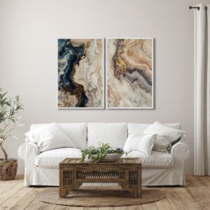 Quadro Abstrato Mármore Azul e Dourado 2 Telas (Díptico) | Decoração Luxo Sala - Branco com vidro 60x90