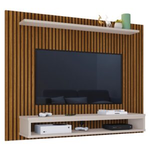 Painel Ripado TV Para Sala Com Nicho e Prateleira Espaçosa Organização Elegante Moderna e Resistente - 60" - Ripado/Off White