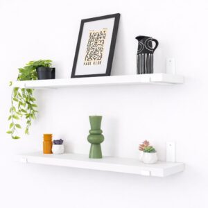 Kit 2 Prateleiras Estilo Industrial com Mão Francesa Invertida Prateleira de Madeira - Madeira Branca, Suporte Branco