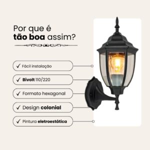 Arandela Parede Bivolt 110/220V Lâmpada E27 Colonial Vintage Grande Vidro Luminaria Modelo Colonial