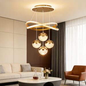Lustre Pendente Moderno Cristal LED 3 Cores Sala Estar Jantar Quarto Luxo Luminária Teto Dourado