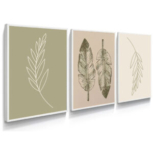 Kit 3 Quadros Decorativo Folha Verde Desenho Minimalista Neutro Natural Simples Com Moldura - Branco