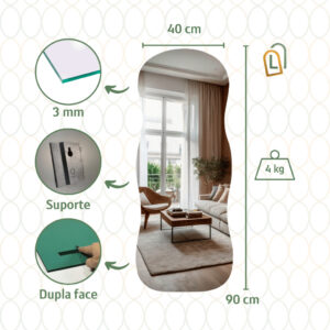 Espelho Lopazzi GRANDE ORGÂNICO RETANGULAR VIDRO DECORAÇÃO PARA SALA QUARTO BANHEIRO SUPORTE OU DUPLA FACE - Aura 90x40