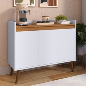 *Aparador Buffet Cantinho Café Sala Jantar Cozinha 4 Portas Puxador Embutido Prateleira Interna K7 - Lívia 3 Branco Com Freijó