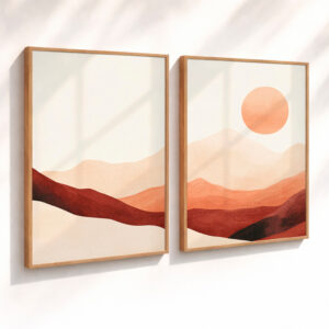 Kit 2 Quadros Decorativos com Moldura Paisagem Abstrata Montanhas Sol Minimalista Ton Terrosos Sala - Carvalho