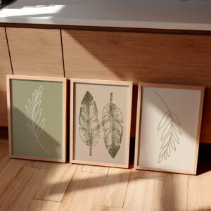 Kit 3 Quadros Decorativo Folha Verde Desenho Minimalista Neutro Natural Simples Com Moldura
