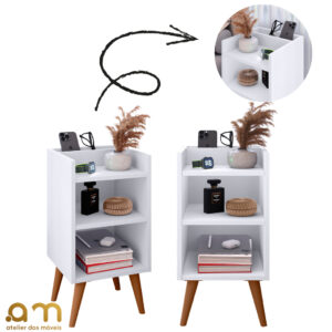 Kit com 2 Mesa de Cabeceira Nicho Organizador, pés retrô em PVC e Porta-Celular Max - Kit Max BRANCO