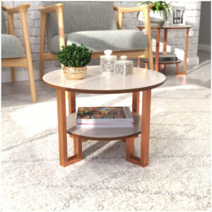 Mesa De Centro 2 Tampos Decorativa Para Sala Com Pés em Rosé Gold - Off-White com Freijó