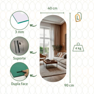 Espelho Lopazzi GRANDE ORGÂNICO RETANGULAR VIDRO DECORAÇÃO PARA SALA QUARTO BANHEIRO SUPORTE OU DUPLA FACE - Solis 90x40