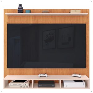 Painel para TV 50 Polegadas Ripado 3 Nichos e Prateleira Suspensa Home Rack Sala Quarto Moderno - Cinamomo /Off