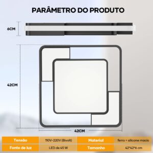 Luminária Plafon LED de Teto Quadrada 45W Bivolt com Controle Remoto 3 Cores