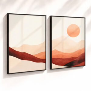 Kit 2 Quadros Decorativos com Moldura Paisagem Abstrata Montanhas Sol Minimalista Ton Terrosos Sala - Preta