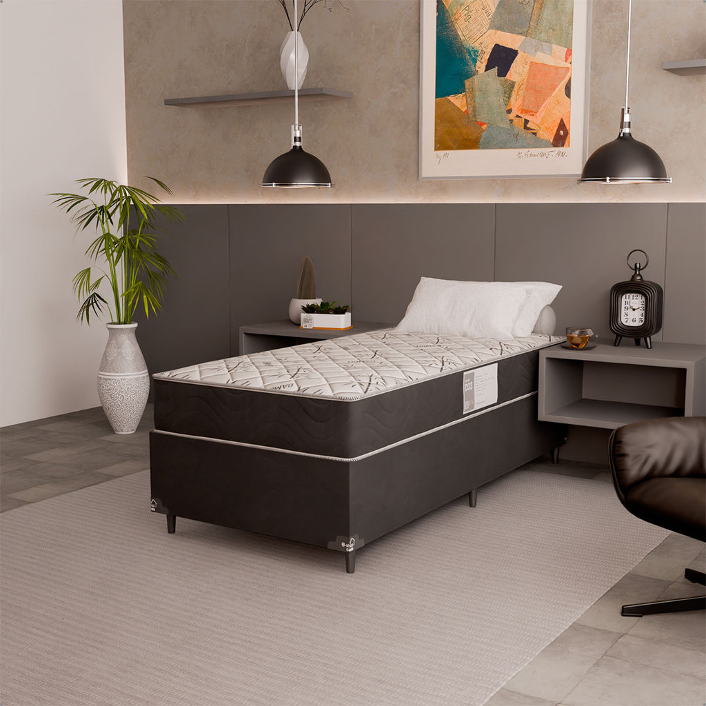 Cama Box Solteiro + Colchão D33 One Face - Suede Preto