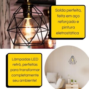 Kit 5 Luminárias de Teto Modelo Diamante Preto Lustre Retro Pendente Industrial