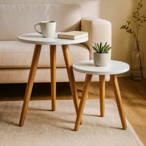 Conjunto de Mesinhas Canto E Apoio Pe Palito Madeira Tripe Porta Quadros E Objetos MDF Branco