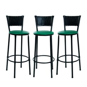 KIT 3 BANQUETAS BANCO ALTO ENCOSTO PRETO COZINHA AREA GOURMET MOVEIS DE JUNCO - verde